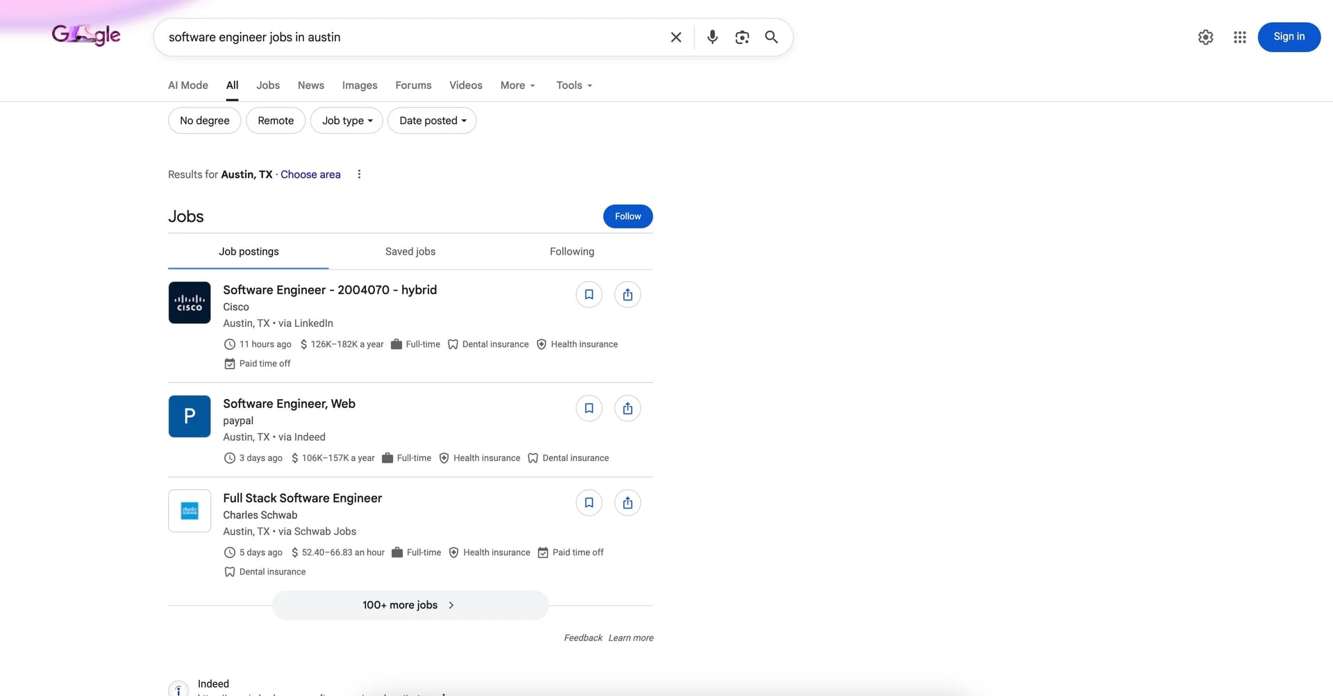Google for Jobs widget appearing above organic results for "software engineer jobs in Austin"